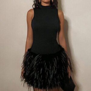 Black Casual Womens High-Necked Fur-Trimmed Dress